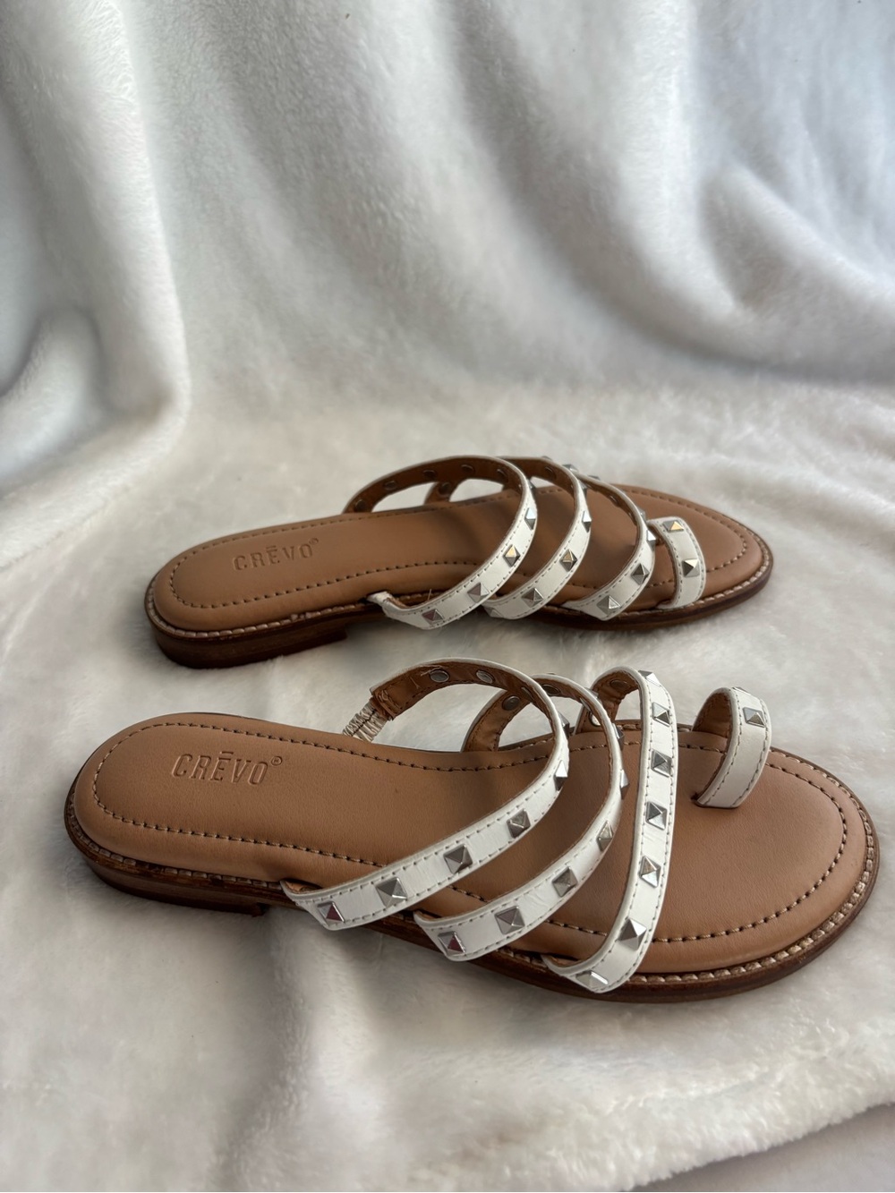 Crevo Polly Women's Leather Flat Slides Sandals White Size 6